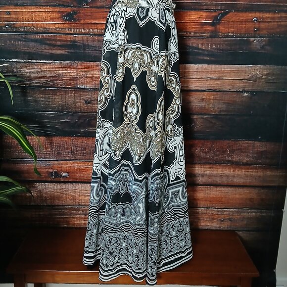 Mix Nouveau Maxi Skirt M Full Flowy Boho Lined Black White Gold Stretch - Picture 5 of 9